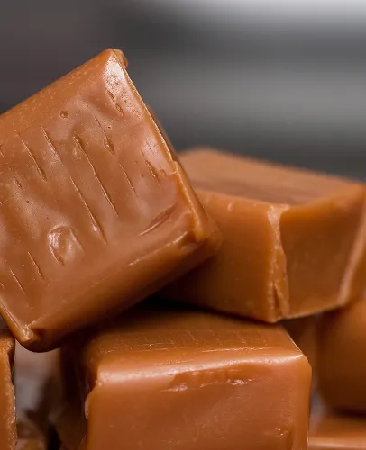 Pile de caramels marrons doux et brillants avec des plis.